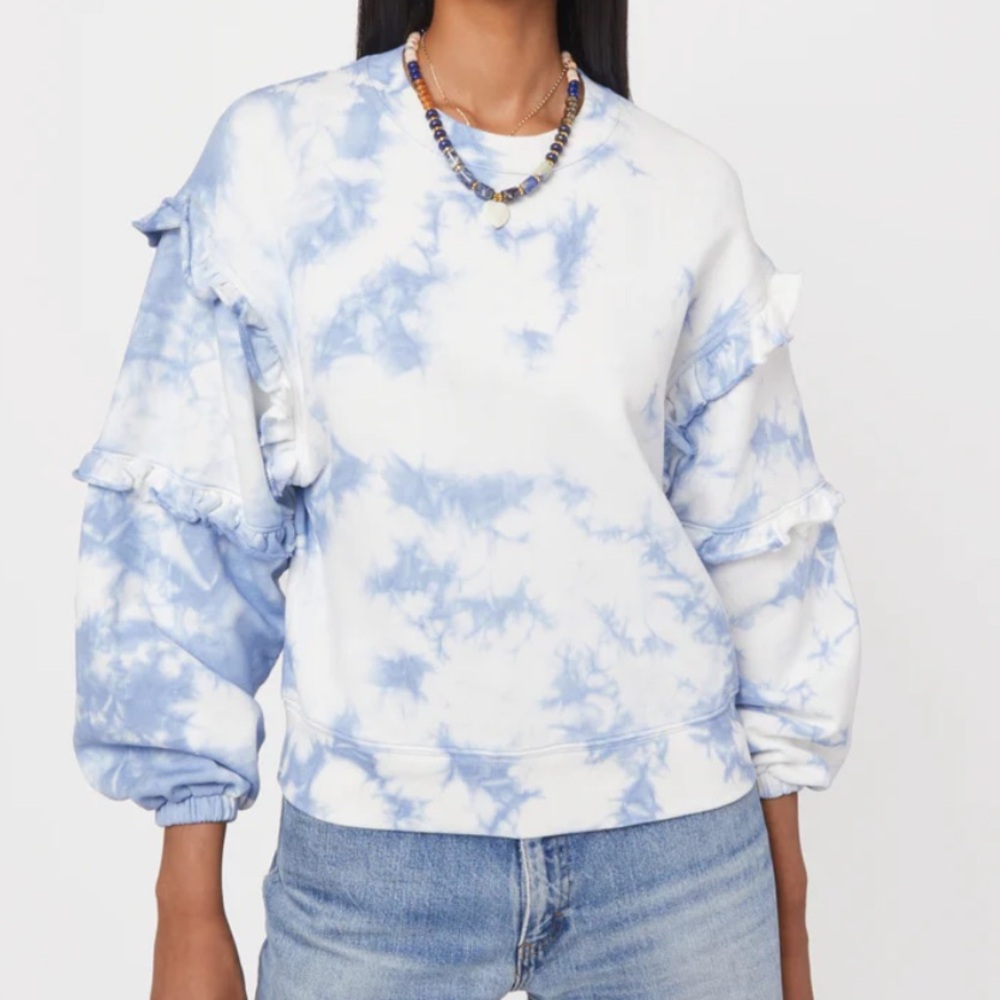 Rebecca Minkoff Evelyn tie dye ruffle cotton crew sweatshirt in sky blue sz S